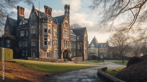 A stunning portrait of a historic manor house in St. Fagans, Wales, showcasing its architectural grandeur and serene surroundings. This image evokes a sense of history, elegance, and tranquility, invi photo