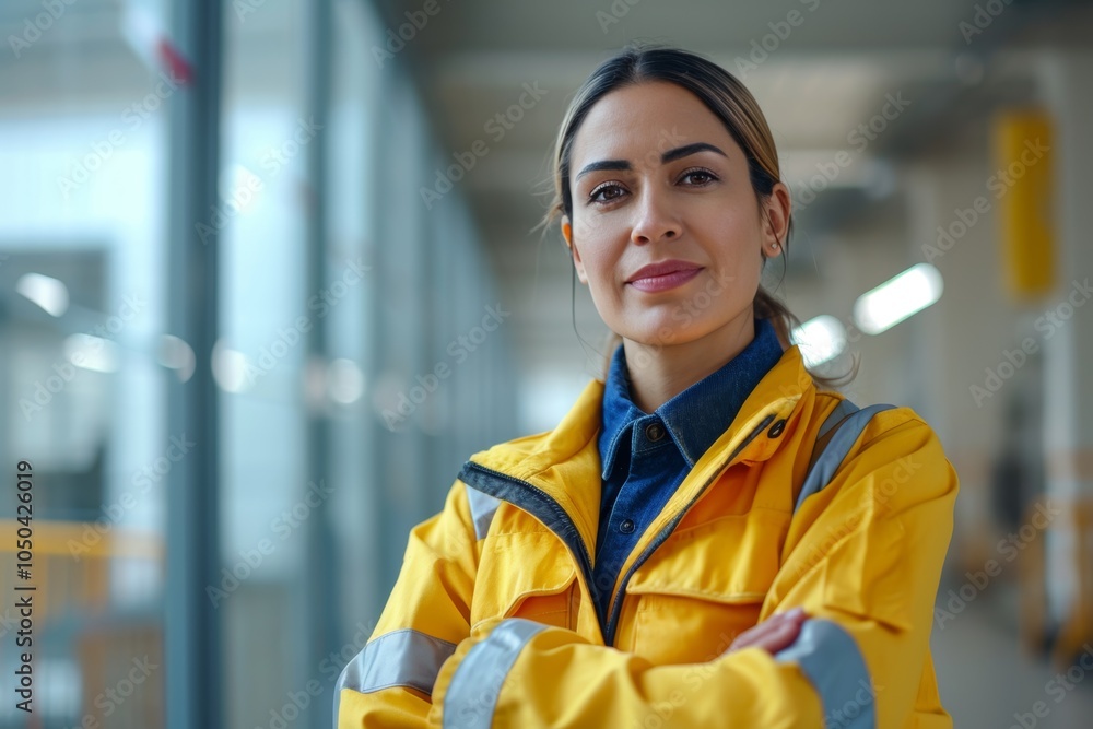Fototapeta premium Hispanic female facility manager stands confidently in a bright industrial space during the day