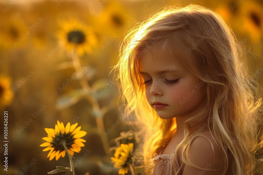 A young girl with blonde hair stands in a field of sunflowers, bathed in the warm light of the setting sun, representing innocence, joy, and the beauty of nature. A young girl with blonde hair stands in a field of sunflowers, bathed in the warm light of the setting sun, representing innocence, joy, and the beauty of nature.
