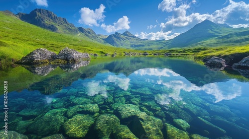 Crystal-clear waters of the Fairy Pools reflecting the surrounding green hills and rugged landscape of the Isle of Skye. No people included.