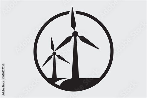 Black and white silhouette of two wind turbines.