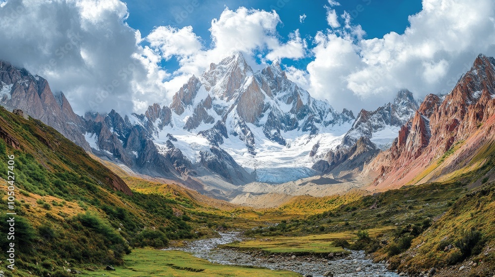 Obraz premium A breathtaking view of a majestic mountain range with a snow-capped peak, showcasing the beauty of nature, adventure, and serene landscapes.