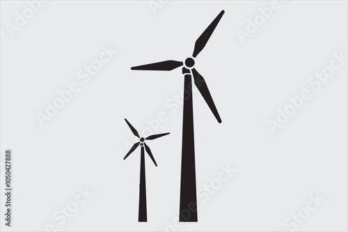 Black and white silhouette of two wind turbines.