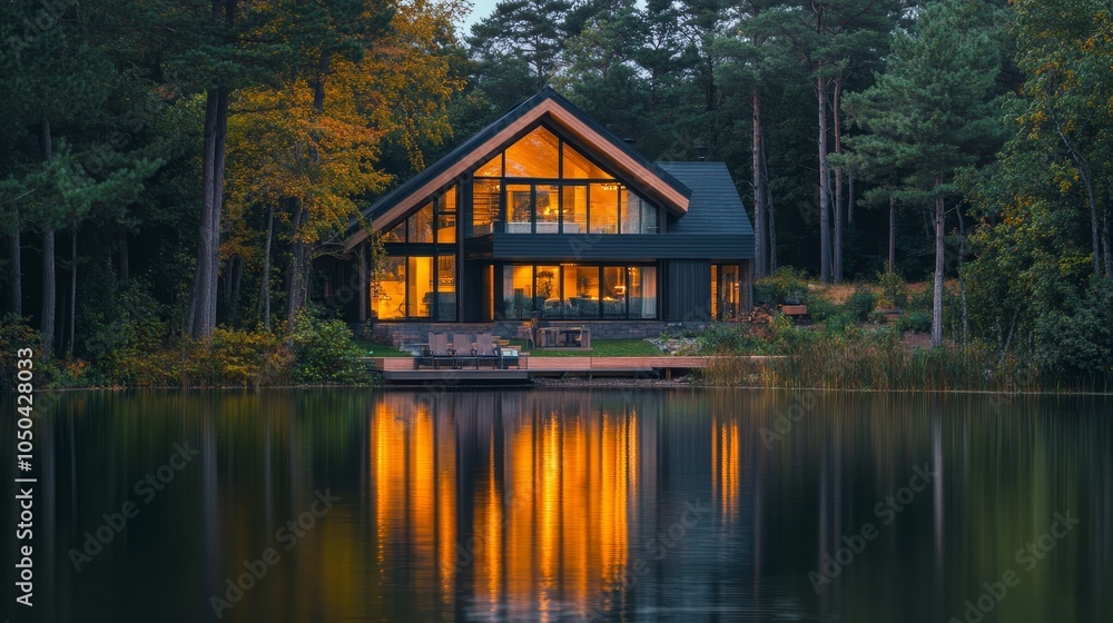 Obraz premium A modern, cozy cabin nestled on the edge of a calm lake, surrounded by trees. The warm light inside creates a welcoming ambiance, inviting relaxation and escape.