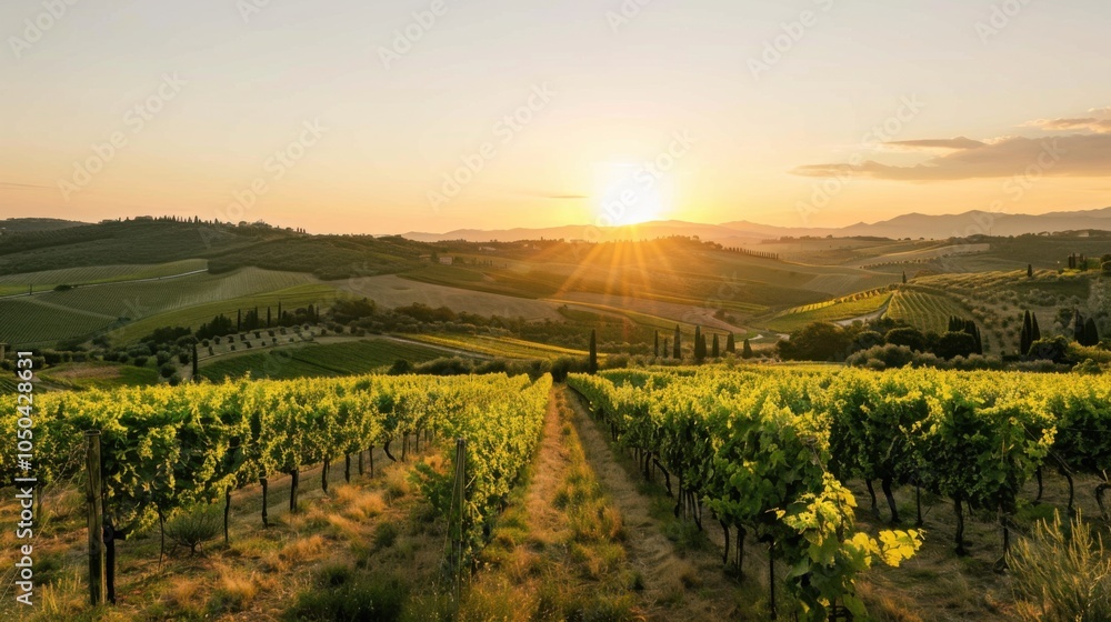 Fototapeta premium A peaceful vineyard in Tuscany during sunset, rural setting with rolling hills, Tuscan style