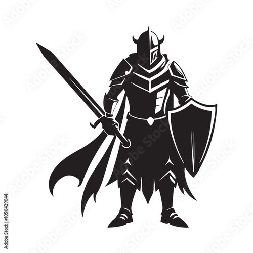 Silhouette of Medieval Knight Holding Sword.