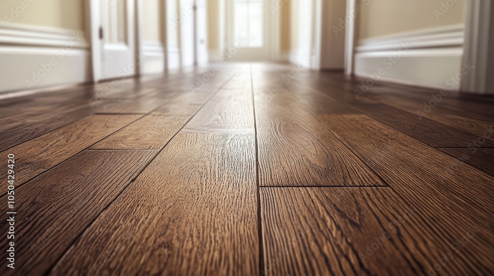 Perspective of a Dark Wooden Floor in a Hallway, showcasing the natural wood grain, light reflecting off the surface, leading to a light source, and creating a sense of depth and dimension. Perspective of a Dark Wooden Floor in a Hallway, showcasing the natural wood grain, light reflecting off the surface, leading to a light source, and creating a sense of depth and dimension.