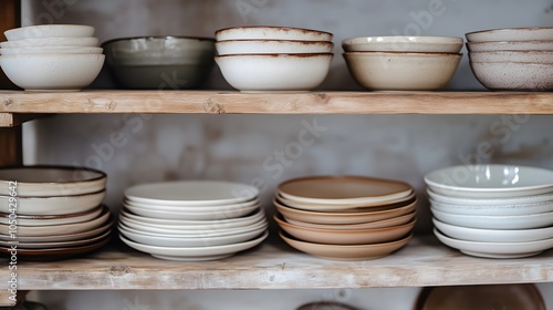 Rustic Ceramic Bowls on Wooden Shelves