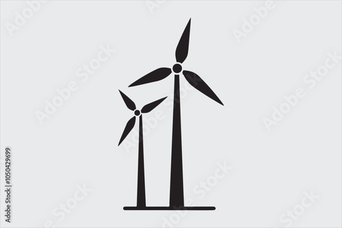 Black and white silhouette of two wind turbines.