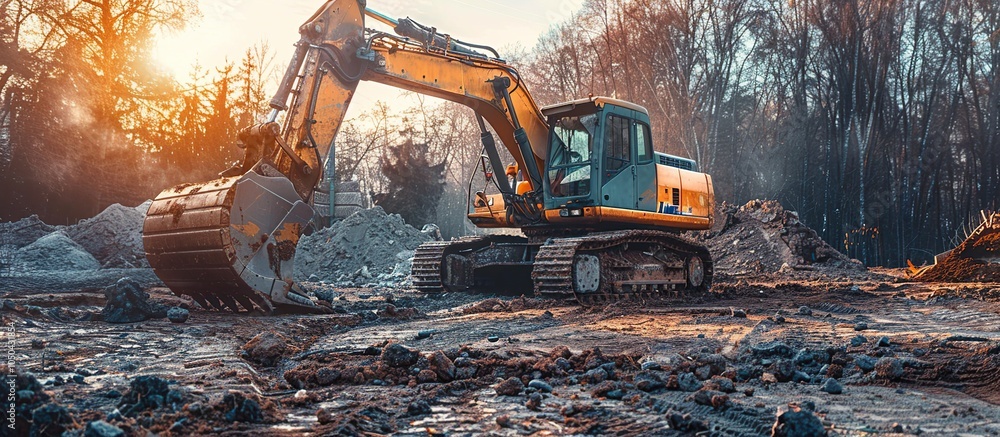 Excavator on a Construction Site at Sunset Excavator on a Construction Site at Sunset