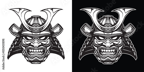 Retro vintage draw paint sketch in engraving style samurai scary mask helmet face illustration