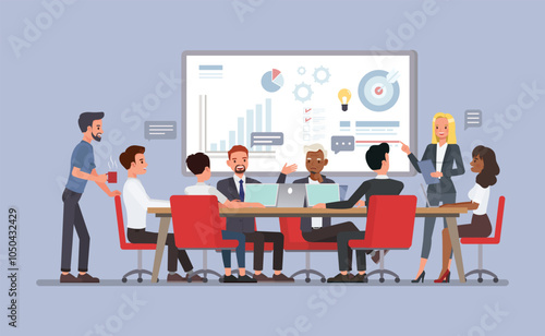 Marketing team in a meeting room concept. Business people character vector illustration design. photo