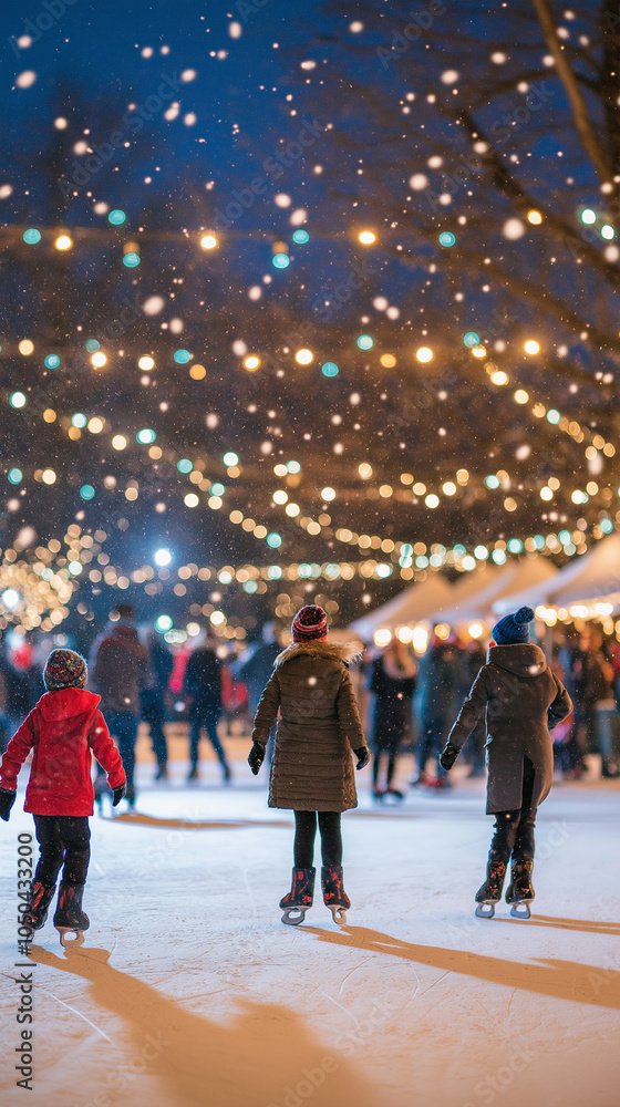 Obraz premium Winter market with string lights and crowd 