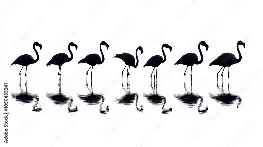 Fototapeta premium A line of eight silhouetted flamingos stand in a shallow body of water, their reflection creating a mirrored image of the birds, symbolizing balance, harmony, and nature's beauty.