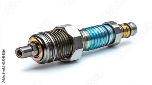 A close-up shot of a spark plug isolated on a white background. The spark plug is a critical component in an internal combustion engine, responsible for igniting the air-fuel mixture.