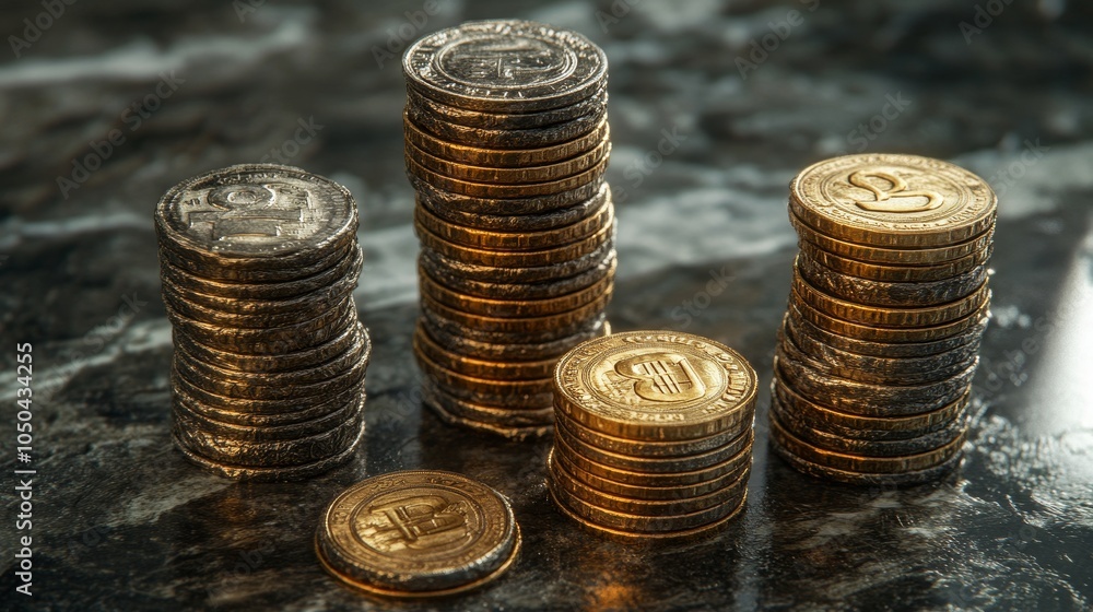 Stacks of currency and coins representing wealth, success, financial growth, prosperity, and abundance. Stacks of currency and coins representing wealth, success, financial growth, prosperity, and abundance.