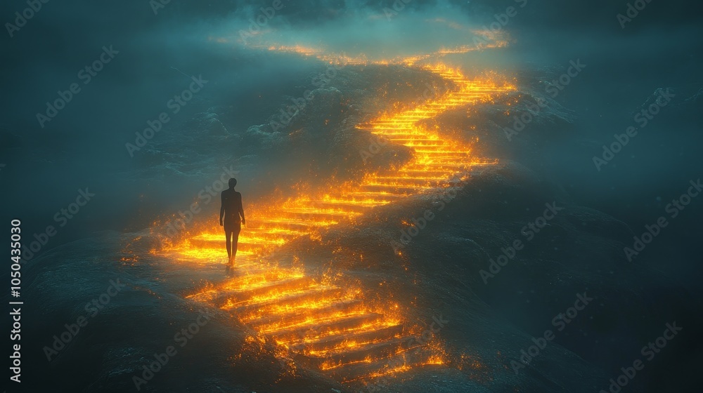 Φωτογραφία A lone figure walks up a path of fiery steps, symbolizing a challenging but ultimately rewarding journey of spiritual growth, self-discovery, and overcoming obstacles