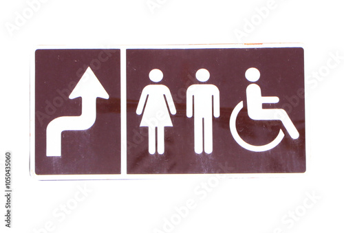 Signs Modern public toilet or bathroom sign brown isolated on cut out PNG or transparent background. Symbol notifying people. Of men, women, people disabilities with person icon.