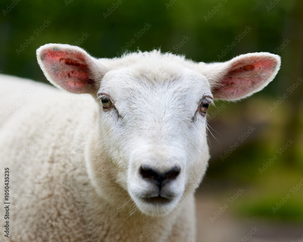 Close up head shot of white lamb on meadow