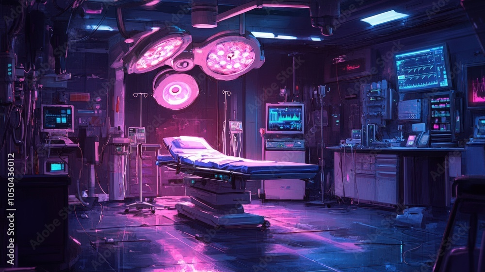 Obraz premium A futuristic operating room with an empty operating table, medical equipment, and a bright light shining on the table.