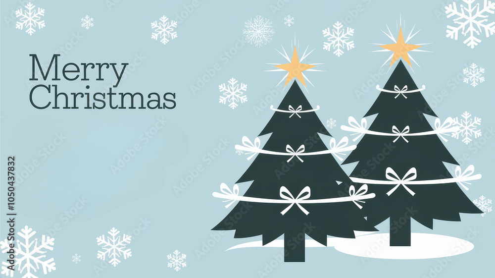Merry Christmas greeting with two decorated Christmas trees and snowflakes in winter scene. festive design evokes joyful holiday spirit