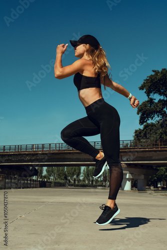 woman with a beautiful athletic body trains jumping on the street in a tracksuit against the background of bridges and the sky.