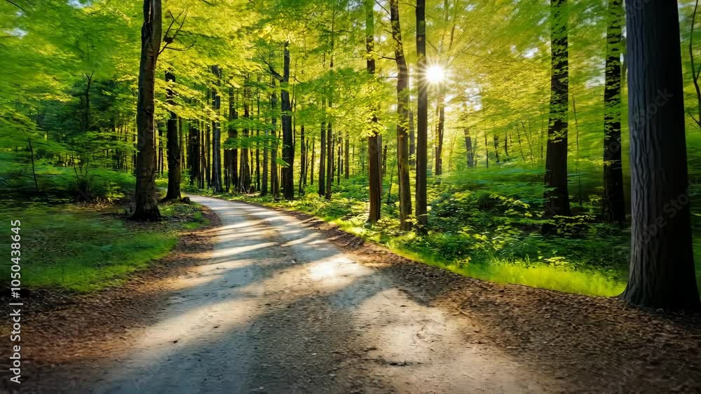 A winding path through a lush forest, dappled sunlight shining through the trees A winding path through a lush forest, dappled sunlight shining through the trees