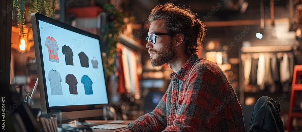 Fototapeta premium Man Reviewing Clothing Designs on a Computer Screen