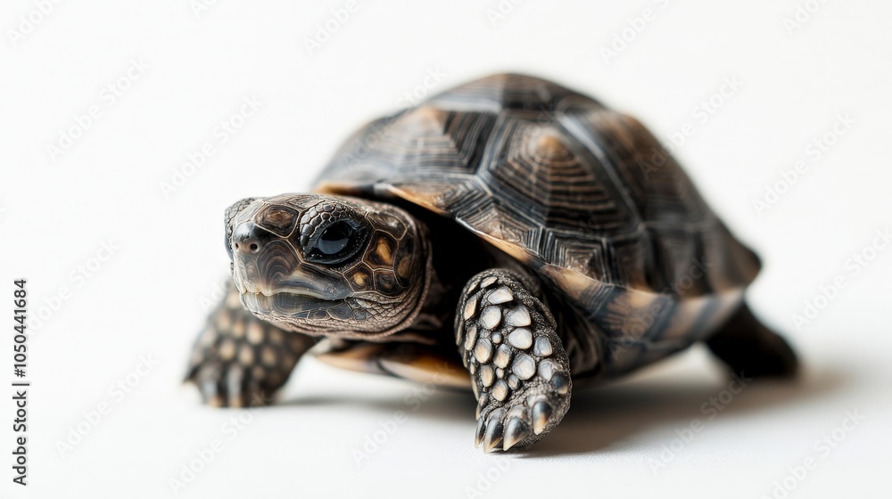 Obraz premium A tiny tortoise slowly making its way forward, isolated on a white background