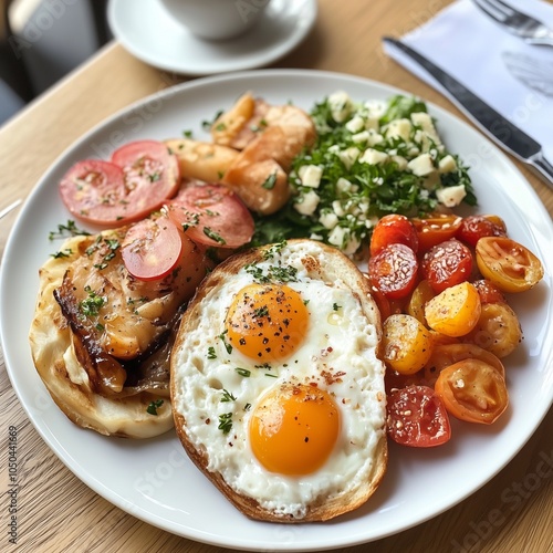 Delicious breakfast plate with fried eggs, bacon, and fresh vegetables photo