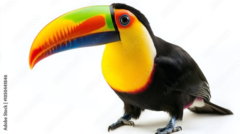 A toucan perched with its large colorful beak, isolated on a white background A toucan perched with its large colorful beak, isolated on a white background