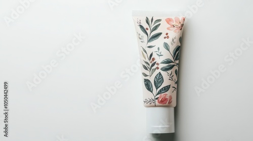 A tube of hand cream with a botanical print on the label, isolated on a white background photo