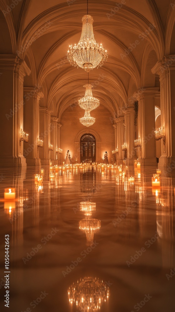 Grand candlelit hallway with chandeliers in elegant setting Grand candlelit hallway with chandeliers in elegant setting