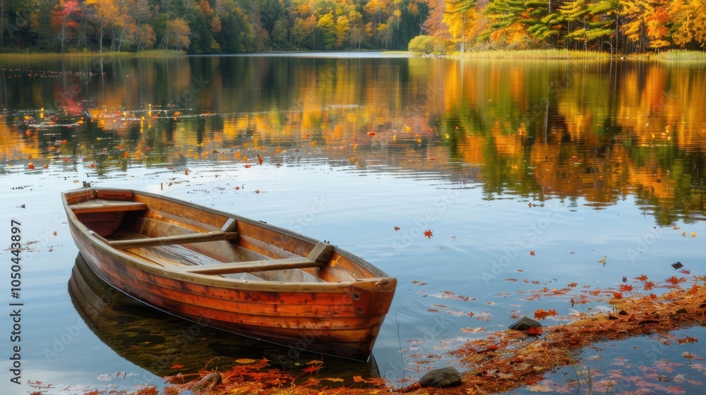 Obraz premium A picturesque lake with a classic wooden rowboat floating gently on the calm waters surrounded by autumn foliage, peaceful setting with rich seasonal colors, Lake style