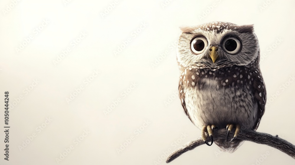 Fototapeta premium A wise owl perched on a branch, staring intently with large eyes, isolated on a white background