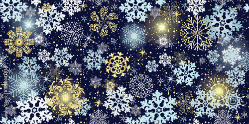 Vector dark seamless Christmas hand drown pattern with golden snowflakes and stars
