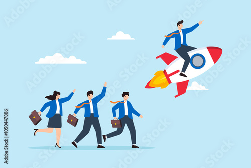 Flat illustration of business leader pointing direction riding rocket guiding team success innovation startup boost partnership productivity