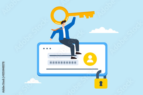 Flat illustration of businessman hold key sit on user account login strong padlock secure online authentication cybersecurity high protection safety data privacy