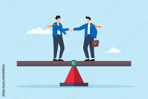 Flat illustration of two businessmen handshake on balance seesaw success negotiation business partnership deal merger agreement