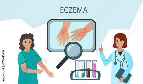 woman suffers from eczema. Psoriasis, dermatitis, Atopic dermatitis, Neuro dermatitis  and eczema skin diseases test. Symptoms and reasons infographic.Vector doodle hand drawn flat illustration