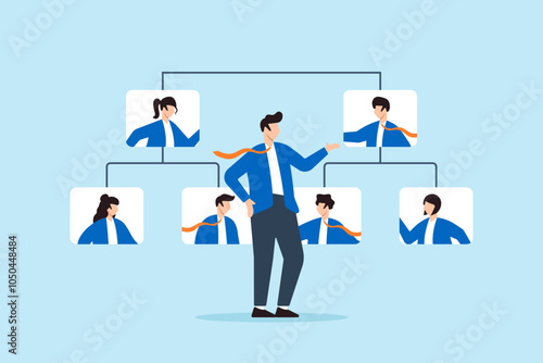 Flat illustration of businessman CEO reorganize employee role chart adjusting team structure human resources allocation efficiency