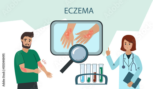 man suffers from eczema. Psoriasis, dermatitis, Atopic dermatitis, Neuro dermatitis  and eczema skin diseases test. Symptoms and reasons infographic.Vector doodle hand drawn flat illustration