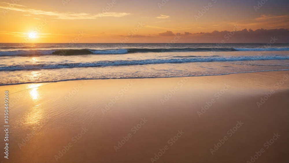Obraz premium Tranquil sunset at the beach with gentle waves lapping on golden sands