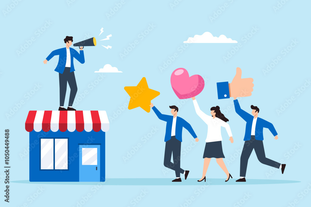 Flat illustration of store owner with megaphone speaks to loyal customers positive feedback brand engagement increase sale marketing strategy Flat illustration of store owner with megaphone speaks to loyal customers positive feedback brand engagement increase sale marketing strategy