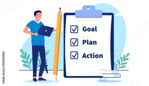 Writing strategy - Man person standing with pencil writing checklist and checkbox with goals, plan, and action for business or development project. Flat design illustration with white background