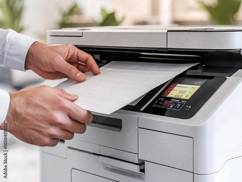 A professional hands inserting paper into a modern printer, showcasing office technology and document handling. A professional hands inserting paper into a modern printer, showcasing office technology and document handling.