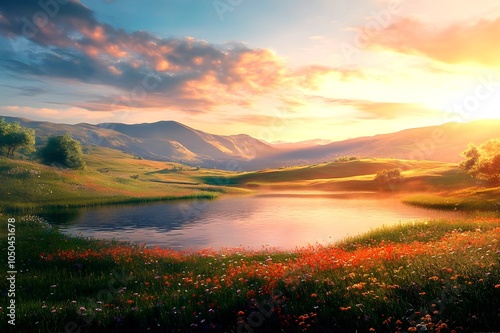 Stunning landscape of golden hour, rolling hills, distant mountains vibrant sky