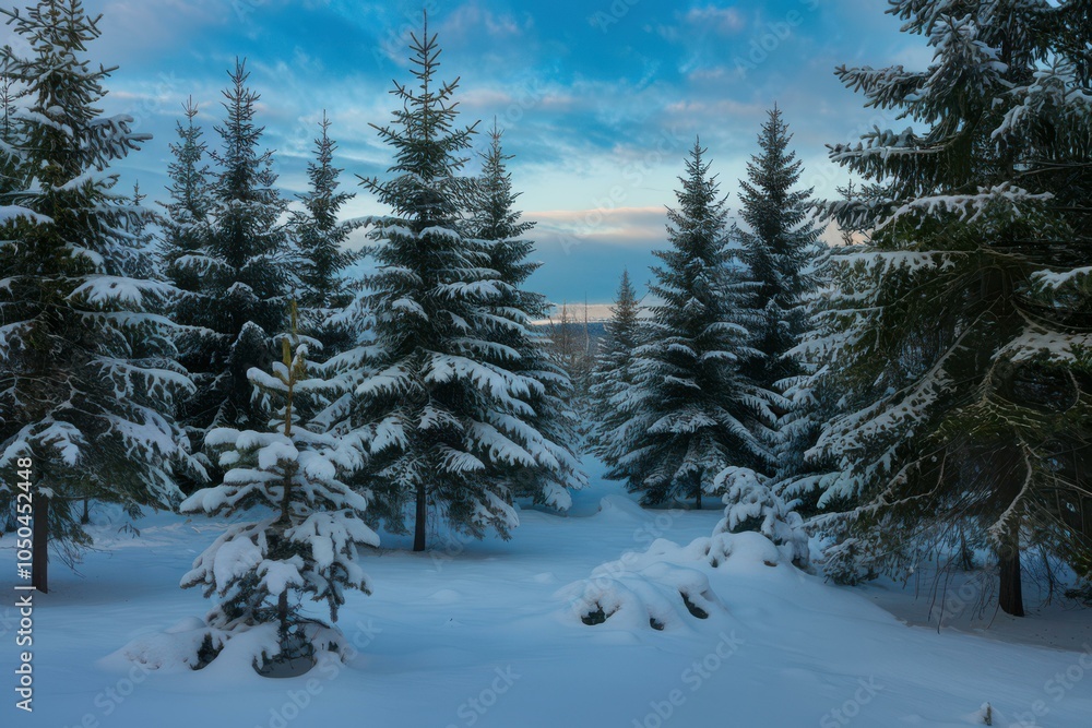 Tranquil Winter Wonderland: Serene Snowy Forest Landscape Evergreen Trees Clear Blue Sky Holiday Marketing Seasonal Promotions Tranquil Winter Wonderland: Serene Snowy Forest Landscape Evergreen Trees Clear Blue Sky Holiday Marketing Seasonal Promotions