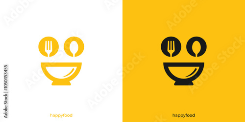 Happy Food Logo. Face Smile Food Bowl as Laughing Mouth. Restaurant Food Logo, Icon, Symbol, Vector, Design Inspiration.