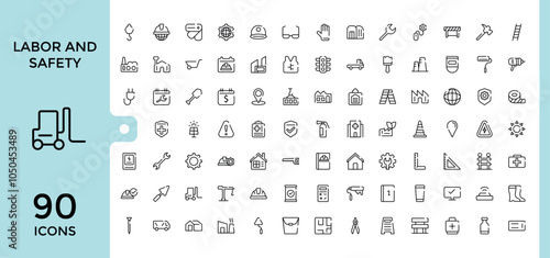 Labor And Safety thin line icon set. Containing care, secure, insurance, supply, builder, rights and more. Pixel perfect. Vector illustration.